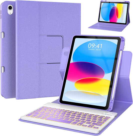 BLUTLOTUS 360 Rotatable Keyboard Case for iPad 11th (A16) 10th with Pencil Holder, 7 Color Backlit Detachable Bluetooth, Smart Folio Tablet Cover ((Purple)
