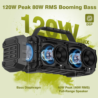 Bluetooth Speaker 120W Peak 80W Portable Wireless Hi-Fi Loud Outdoor IPX6 Waterproof Big Party Speakers with Deep Bass, TWS Pairing, DSP Sound Boombox for Home Camping Beach