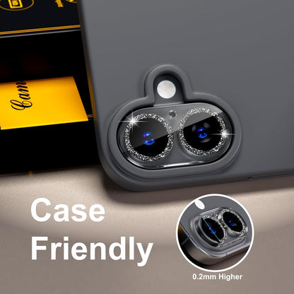 beuxece for 6 Pack iPhone 16 / iPhone 16 Plus Camera Lens Protector [Drop Protection] [Case Friendly] [Easy Installation] 9H Tempered Glass Camera Screen Protector Cover Accessories, Glitter Black