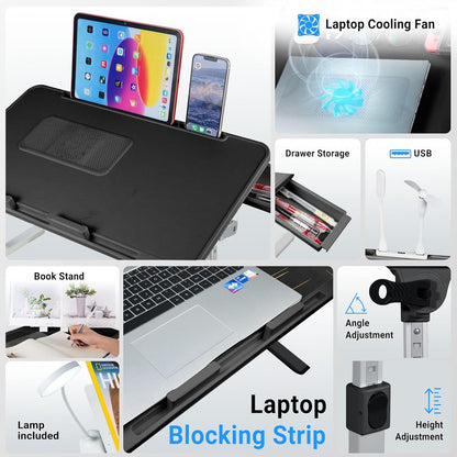 Laptop Lap Desk with Cooling Fan - Adjustable with Light, USB, Storage Drawer - Folding Bed Desk,23.62"*15.74",Black