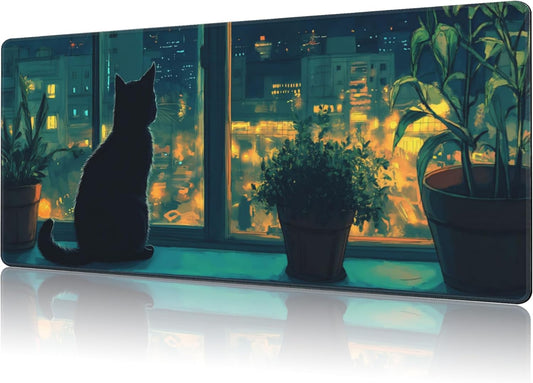 Mouse Pad Large Cat Sitting on The Windowsill Non-Slip Game Desk Mat with Stitched Edge Laptop Keyboard Desk Pad for Work Home Gaming (35.4 x 15.7 Inches)