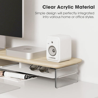 Fenge Acrylic Monitor Stand Riser, 42.5 Inches Dual Monitor Stand with Metal Storage, 2 Tier Acrylic Computer Riser for Desk, Clear Laptop Stand for PC, Laptop, Printer, TV, Oak