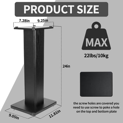 24 Inch Speaker Stands Wood Grain Universal Floor Speaker Stands Pair Heavy Duty Surround Sound Speaker Monitor Stand for Home Theater with Sand Filling Tuning Function - Black