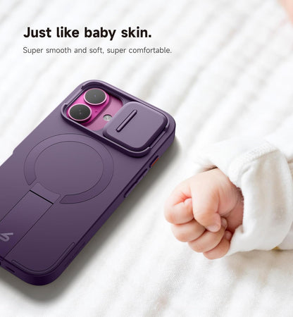 SURITCH for iPhone 16 Case with Magnetic Camera Slide Cover and Adjustable Kickstand, Compatible with MagSafe, Shockproof Bumper Case Slim Protective Cover 6.1 Inch, Dark Purple