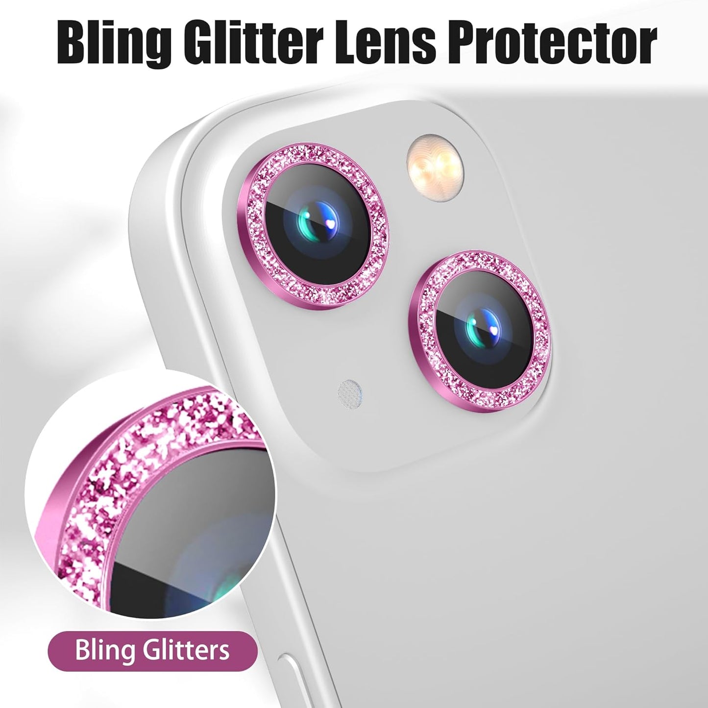 AGVEE 3+3 6 Pack for iPhone 15 6.1" / 15 Plus 6.7" Camera Lens Cover Protector, Bling Diamond & Bling Glitter Metal Ring 9H Tempered HD Glass Camera Cover Protector Film, Bling-Rose