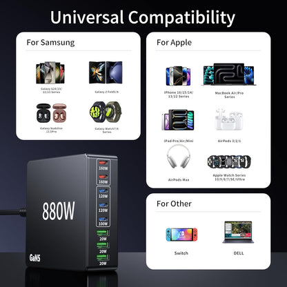 880W USB C Charger Block Charging Station 8 Port Fast GaN Chager 140W 160W PD PPS HUB for Laptop MacBook Charger Compatible with MacBook Pro/Air/All iPad iPhone 17/16/15/14/13/Pro Max/Galaxy Note