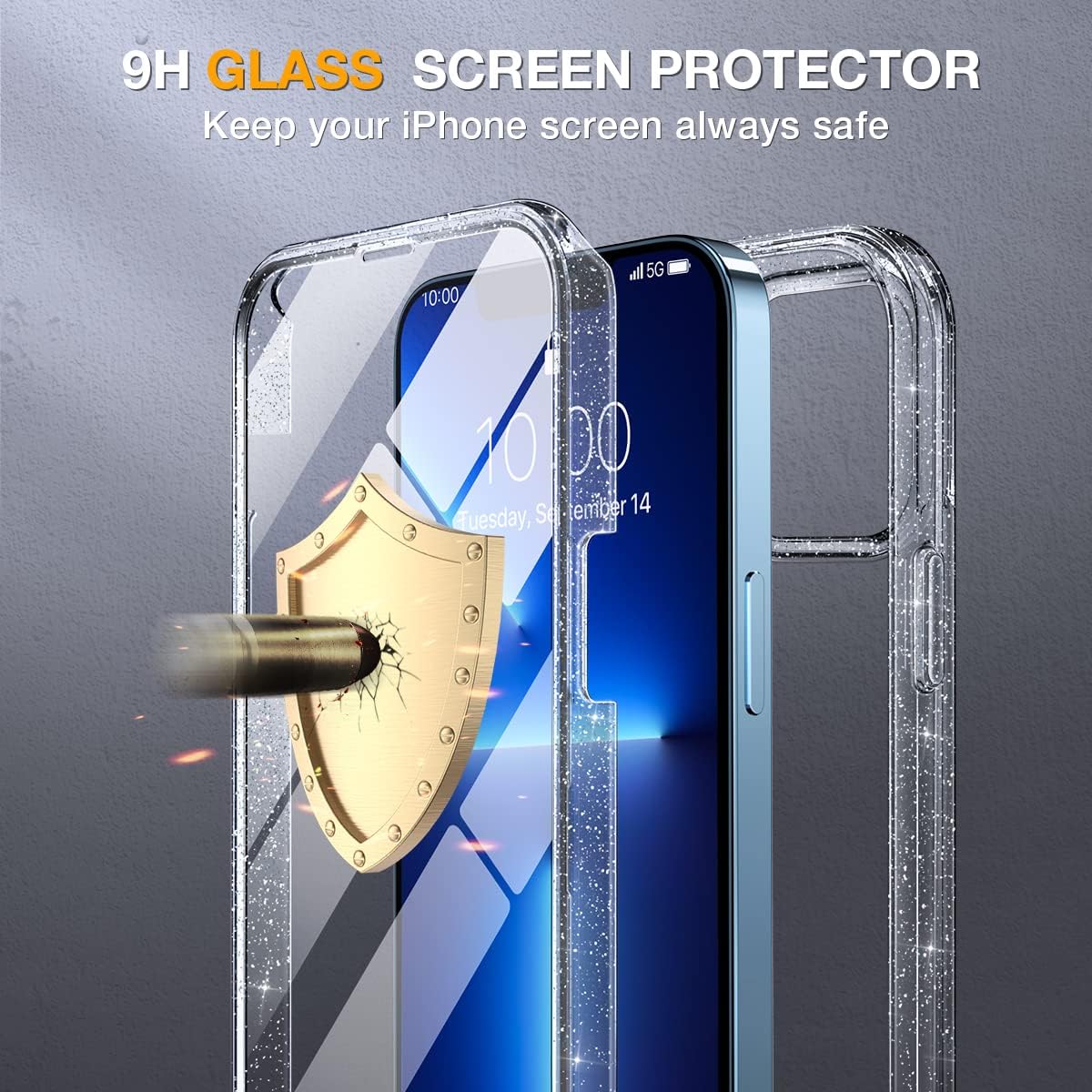 Miracase Glass Case for iPhone 13 Pro Max 6.7 inch, Upgrade Full-Body Clear Bumper Case with Built-in 9H Tempered Glass Screen Protector for iPhone 13 Pro Max, Clear Glitter
