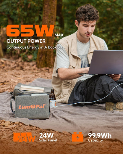Lumopal Portable Solar Charger 99.9 Wh Battery Bank Equipped with 24W Foldable Solar Panels and 600 Lumen Adjustable LED Camping Light, 65W PD USB-C, 22W QC3.0 USB A Output for Outdoor