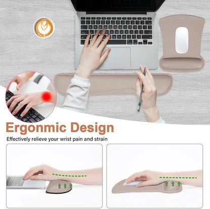 MOSISO Wrist Rest Support for Mouse Pad & Keyboard Set, Ergonomic Mousepad Non-Slip Base Home/Office Pain Relief & Easy Typing Cushion with Neoprene Cloth & Raised Memory Foam, Taupe Brown