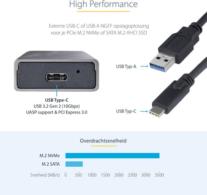 StarTech.com USB-C 10Gbps to M.2 NVMe or M.2 SATA SSD Enclosure - Tool-free External M.2 PCIe/SATA NGFF SSD Aluminum Case - USB Type-C&A Host Cables - Supports 2230/2242/2260/2280 (M2-USB-C-NVME-SATA)