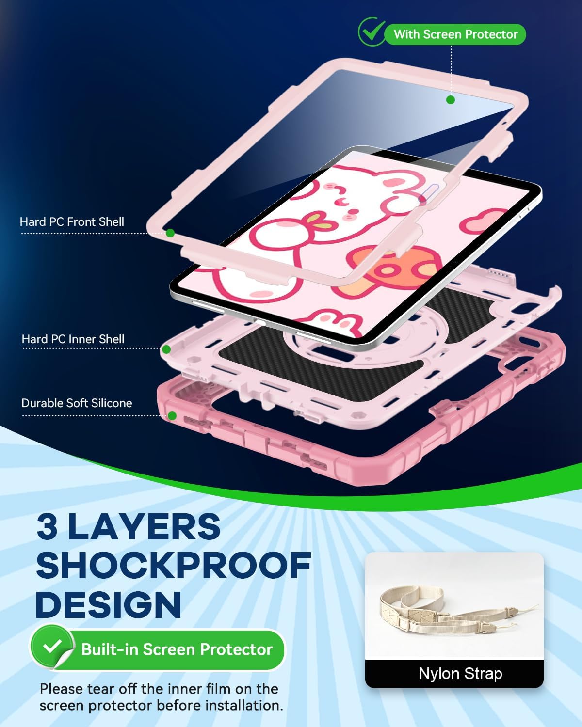 Cantis Case for iPad 11-inch (A16) 2025/ iPad 10th Generation 2022 (10.9 inch) with Screen Protector, iPad 11th Case with 360 Degree Rotating Stand/Shoulder Strap/Pencil Holder, Pink