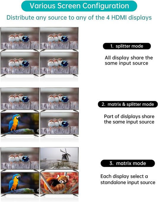 MT-VIKI 4K HDMI Matrix Switch 4x4 with 3.5mm Stereo Audio Extractor +Web GUI, Rack Mount Switcher & Splitter, 4K@30Hz, EDID, RS232, LAN Port, APP (4 in 4 Out)