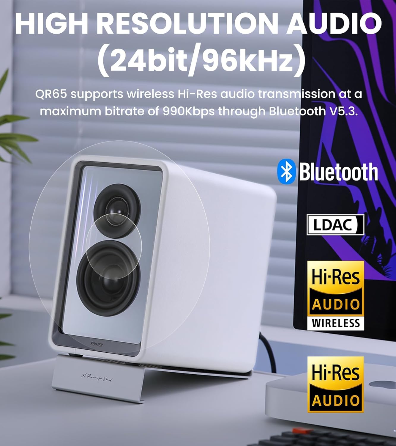 Edifier QR65 Desktop Active Monitor with 2.75" Long-Throw Aluminum Diaphragm mid-Low Drivers, Hi-Res Audio, Brilliant Light Effects, 70W Output Power Bluetooth Speakers with Stands - White