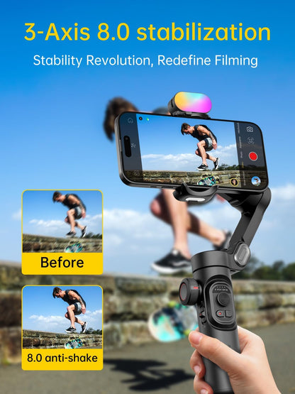 3-Axis Gimbal Stabilizer for Smartphone with RGB Magnetic Fill Light Upgraded Face Tracking Focus Wheel Foldable iPhone Gimbal for iPhone/Android Phone Stabilizer Vlog Recording Smart XE Kit