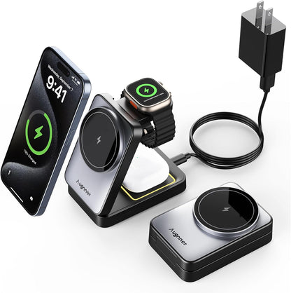3 in 1 Charging Station for Multiple Devices Apple Compatible with Magsafe Charger Stand, 15W Foldable Cube Wireless Charger for 16/15/14/13/12 Series, Apple Watch, Airpod