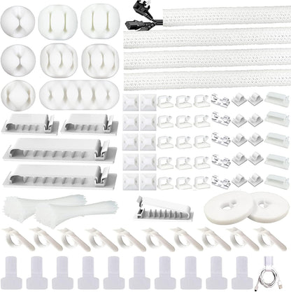 White Cable Management Organizer Kit 4 Cable Sleeve Split,47Cable Clips 12Cord Clips Holder,22 Cable Ties, 20 Adhesive Wall Cable Tie, 200Fasten Cable Ties for TV Electronics