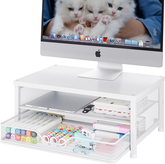 Desk Organizers and Accessories, 2-Tier Computer Monitor Stand Riser with Drawer, Laptop Stand, Office Desk Accessories, Workspace Desktop Organizer for Office Supplies, White