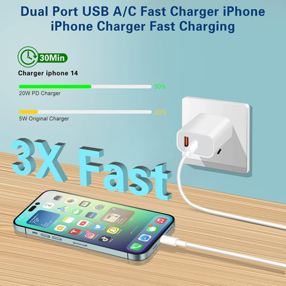 Fast Charger iPhone, Dual Port A/C Charging Adapter, 2Pack Quick Double Wall Charger Block, Apple Charger Block 10FT USBC to Lightning Cable for iPhone 14/13/12/11/ProMax/XS/XR