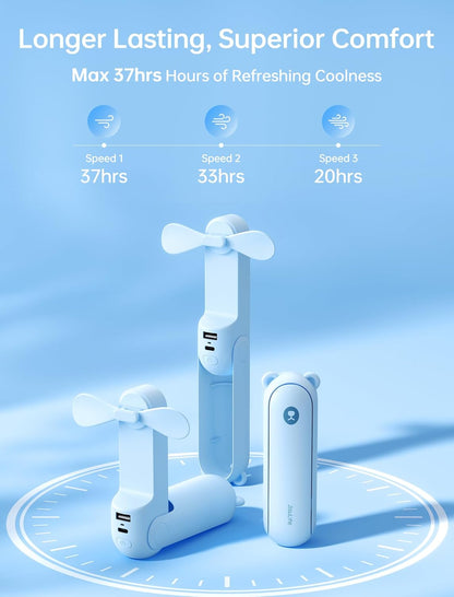 JISULIFE Handheld Fan with 4500 mAh Powerbank Max 37 Hours Runtime, Pocket Portable Battery Operated or USB Powered Folding Personal Fan, 3 Speeds, Gifts for Women Men Kids Gift for Festival-Blue