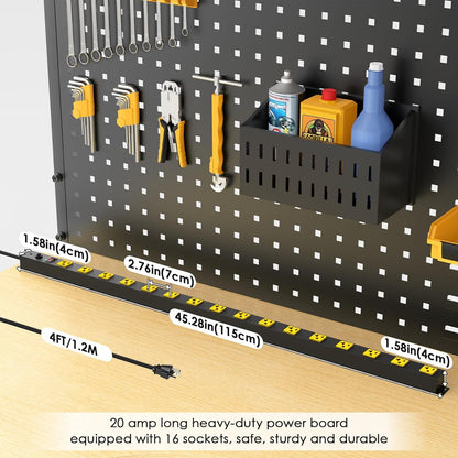 JUNNUJ Long Metal 16 Outlet Power Strip, Heavy Duty Power Strips Surge Protection 4800J with Circuit Breaker, 20a Wide Spaced Socket Wall Mount 5-15P Adapter High Amp 6-20R T-Slot 4FT Extension Cord