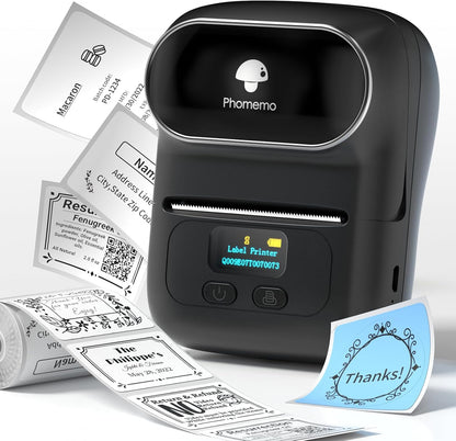 Phomemo M110 Label Maker - Label Maker Machine with Tape Portable Bluetooth Barcode Label Printer for Small Business, Address, Logo, Clothing, Mailing, with 40x30mm Label, Black