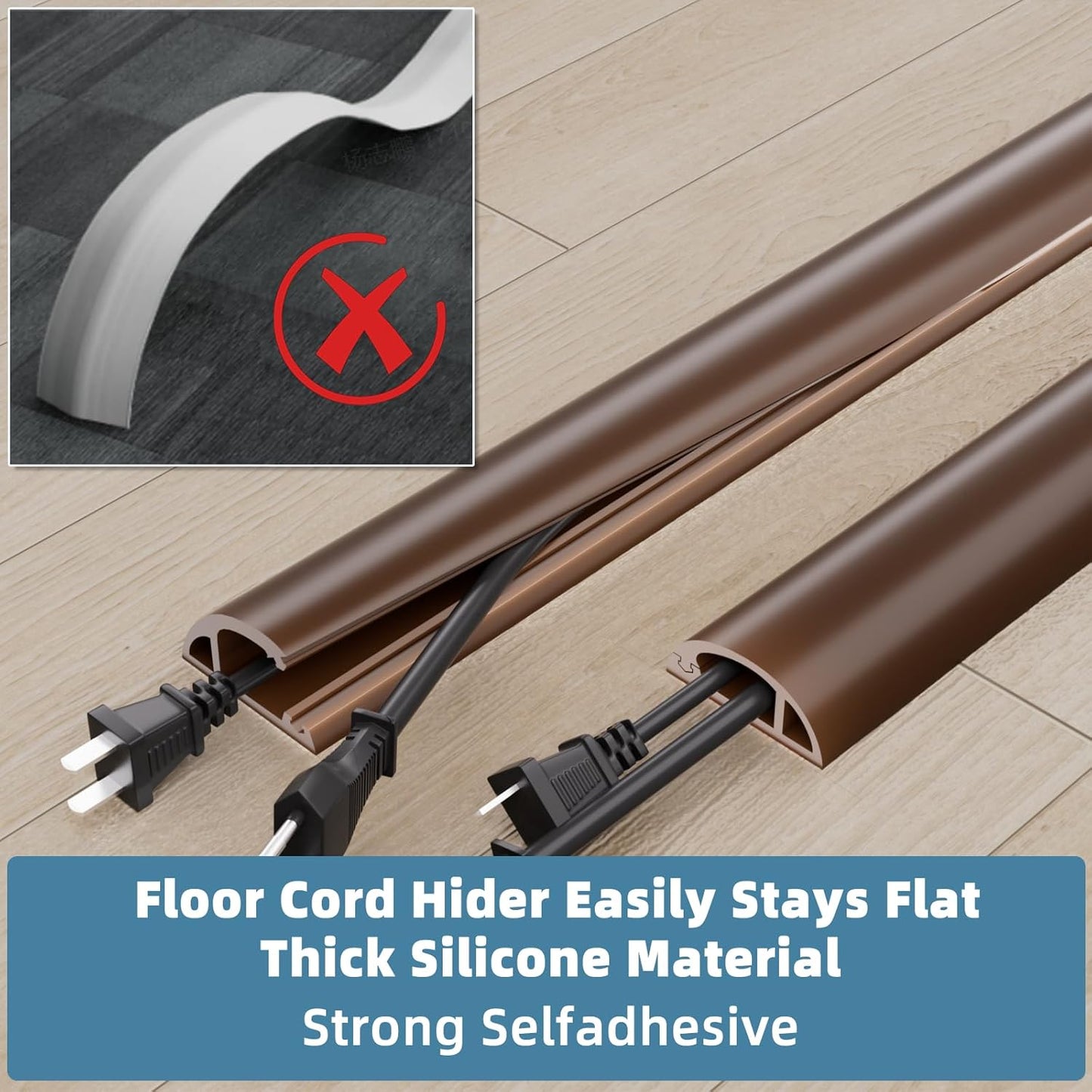 4ft Side Buckle Floor Cord Cover for Wires, Selfadhesive Extension Cord Hider Easy Floor Cable Management Prevent Cable Trips,Silicone Floor Wire Covers for Cords, Cable Protector Cord Cavity（Brown）