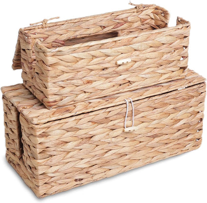 Cable Management Box, Handwoven Water Hyacinth Cable Organizer Box Set, 2-Pack Natural Water Hyacinth Cord Hider Box with Dual Openings & Lid - Hide Power Strips, Cords for Desk/Floor/Office