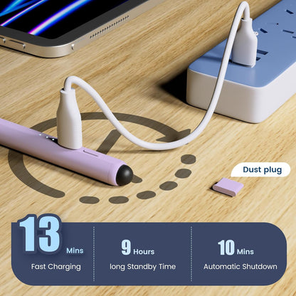 Stylus Pen for iPad, Dual-Tip 13 mins Fast Charge Pencil for Apple, Palm Rejection, Tilt Sensitivity, Compatible w/iPad 6/7/8/9/10, Pro 11/12.9in/M4, Air 3/4/5/M2, Mini 5/6 - Purple