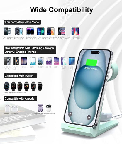 Wireless Charging Station for iPhone - ADADPU 3 in 1 Charger Stand for iPhone 16 15 14 13 12 11 Pro Max XR XS 8 Plus, Wireless Charging Dock for Apple Watch 9/8/7/SE/6/5/4/3/2, AirPods Pro/3/2 (Green)