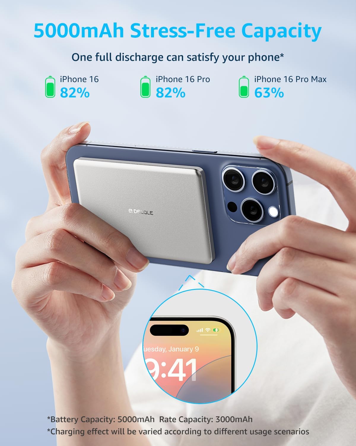 “Air” Power Bank for MagSafe 5000mAh, Ultra Slim Magnetic Wireless Portable Battery Charger Case with USB-C Cable, Compatible with iPhone 17/16/15/14/13/12 Series Only (Sliver)