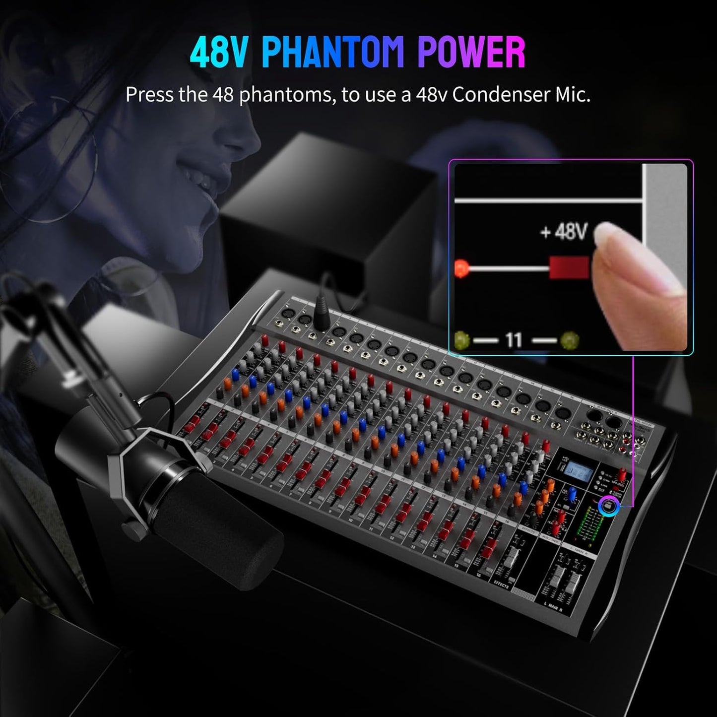 Professional DJ Audio Mixer,NEW BAXS 16 Channel DJ Bluetooth Controller Sound Mixer,USB Interface,16 XLR Mic/Line Input,AUX,FX Processor MP3 Player,+48V Phantom For Karaoke Studio Streaming Recording