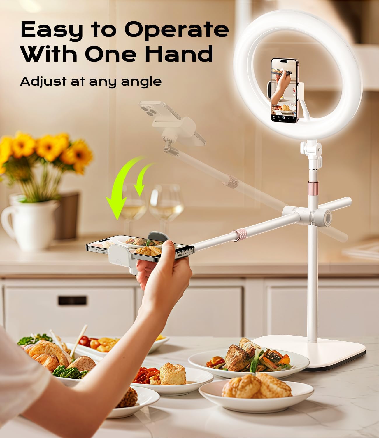 Overhead-Phone-Mount,Stable Overhead-Camera-Mount-Stand [Anti-Shaking] with 10.5" Ring Light, Flexible Desk-Stand for iPhone with Ring-Light for Video-Recording,Zoom Meeting,YouTube,TikTok, White