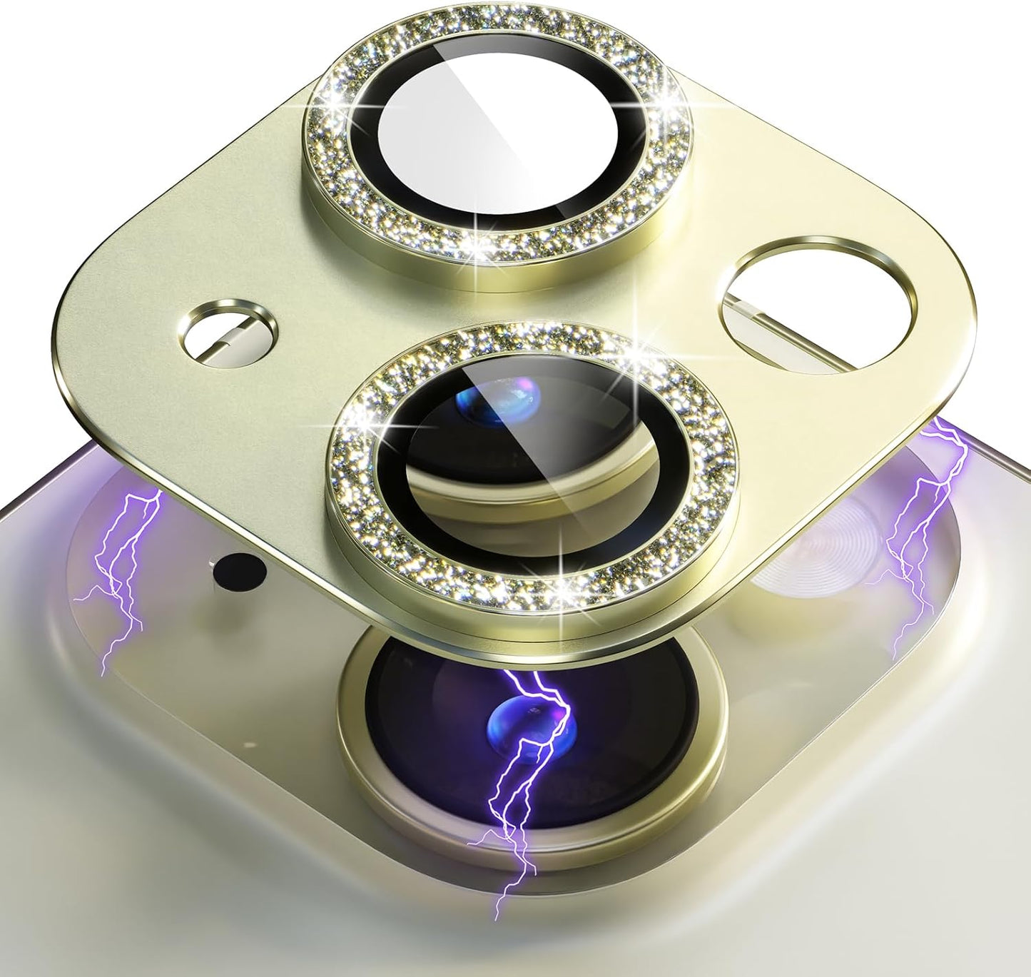 beuxece for iPhone 15/iPhone 15Plus Camera Lens Proprotector, Metal Camera Screen Proprotector Cover Accessories, Case Friendly, HD Tempered Glass,Drop Protection, Easy to Install,Yellow