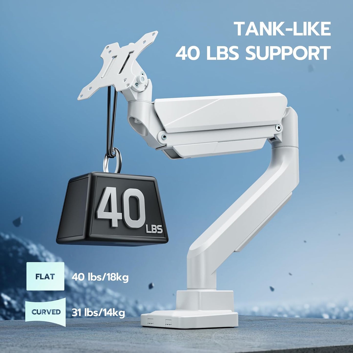 ARES WING Ultrawide Single Monitor Arm, Heavy Duty Monitor Mount for 13"-45" Curved Screens, Adjustable Stand for Desk with C-clamp & Grommet Base up to 40 LBS, White