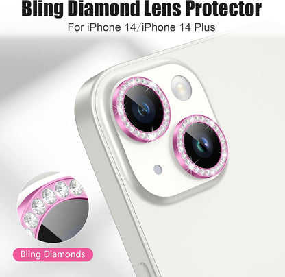 AGVEE 3+3 6 Pack for iPhone 14 6.1" / 14 Plus 6.7" Camera Lens Cover Protector, Bling Diamond & Bling Glitter Metal Ring 9H Tempered HD Glass Camera Cover Protector Film, Bling-Rose