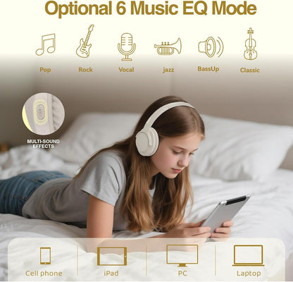 MIDOLA Bluetooth Headphones Over Ear 68H Playtime 6 EQ Wireless Headset with Microphone HiFi Stereo Foldable Lightweight Deep Bass for Travel Home Office Cellphone Milk White