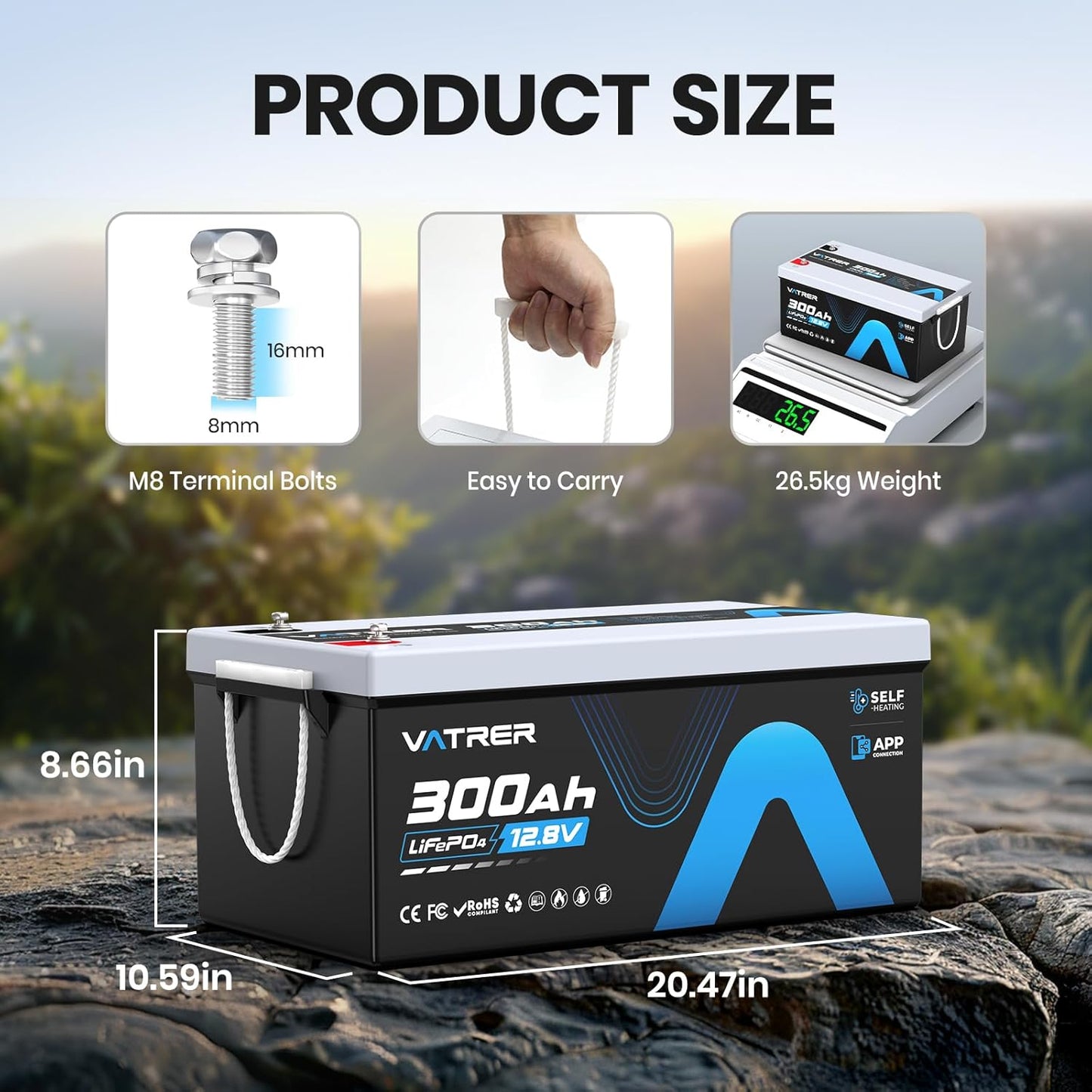 12V 300AH Bluetooth LiFePO4 Lithium Battery with Self-Heating, Built-in 200A BMS, Supports Low Temp Charging(-4°F), 5000+ Cycles, Max 2560W Power, Perfect for RV/Camper and Off-Grid Applications, etc.