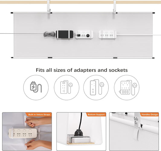 Under Desk Cable Management Tray - 48" Cord Organizer for Desk No Drill, Fabric Under Table Wire Organizer with 16X Cable Ties Hide for Office/Home, Cord Hider Fits Adapters & Sockets, White