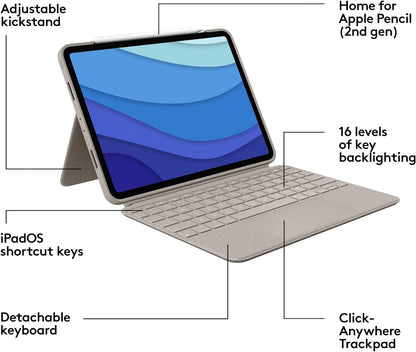 Logitech Combo Touch iPad Pro 11-inch (1st, 2nd, 3rd, 4th gen - 2018, 2020, 2021, 2022) Keyboard Case - Detachable Backlit Keyboard, Click-Anywhere Trackpad - Sand; USA Layout