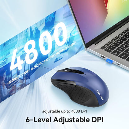 TECKNET Rechargeable Jiggler Wireless Mouse (BT5.0/3.0 & 2.4G) 4800 DPI Silent USB A & Bluetooth Mouse 6 Buttons, Wide Compatibility - Blue