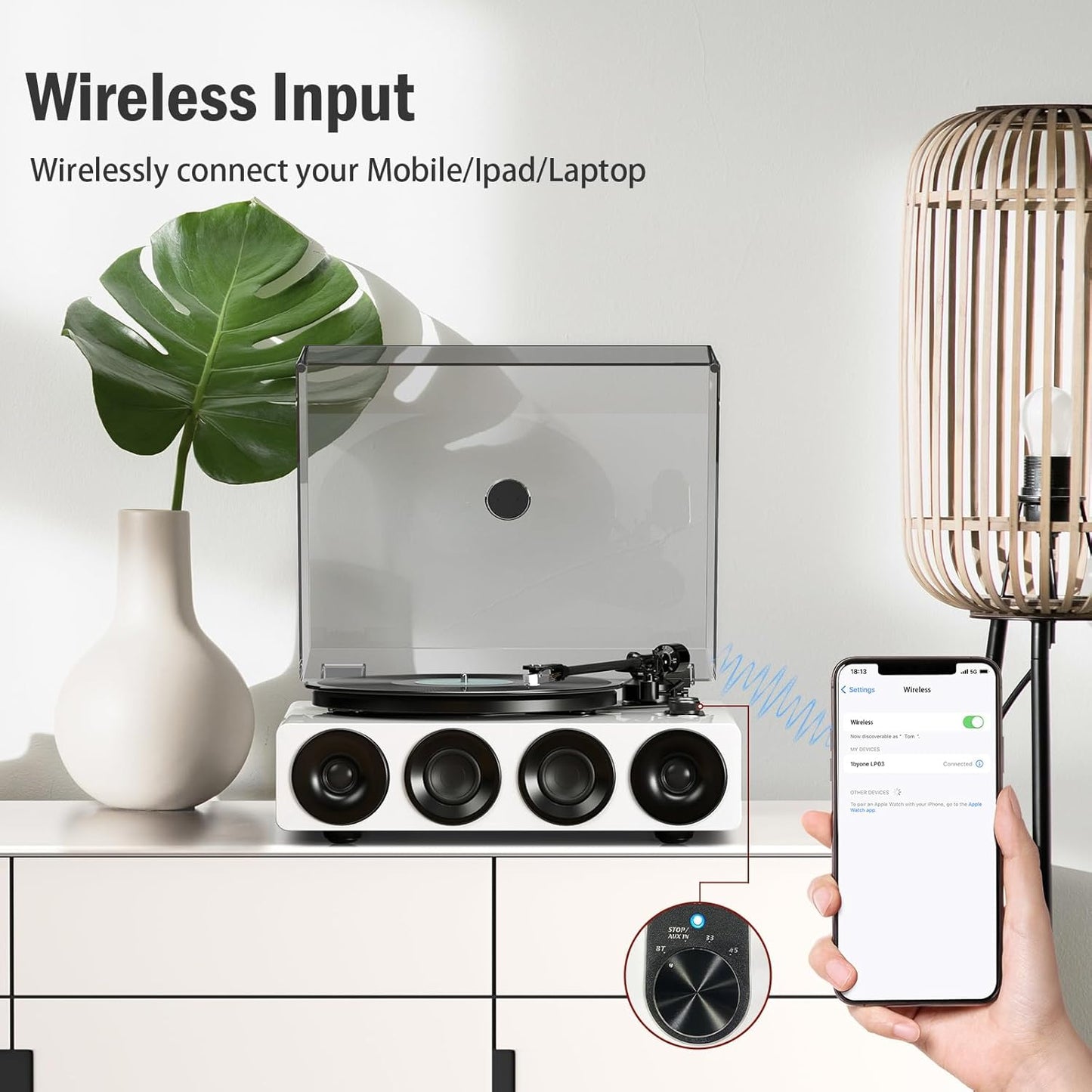 1 by ONE All-in-One Record Player with Wireless Input, High Fidelity Belt Drive Turntable with Built-in Speakers, Magnetic Cartridge AT-3600L, Built-in Preamp, Piano Lacquer White