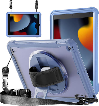 ZenRich Clear Case for iPad 9th/8th/7th Generation 10.2 inch 2021/2020/2019, Shockproof Slim Hard Case with Pencil Holder/360°Rotating Kickstand/Handle/Carrying Strap, LavenderGrey