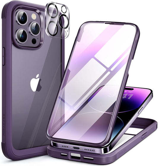 Miracase Glass Series Designed for iPhone 14 Pro Max Case 6.7 Inch, Upgrade Full-Body Bumper Case with Built-in 9H Tempered Glass Screen Protector, with Camera Lens Protector, Dark Purple