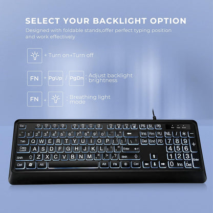 Large Print Backlit Keyboard, USB Wired Computer Keyboard, Full Size Keyboard with White Illuminated LED Compatible for Windows Desktop, Laptop, PC, Gaming, Black
