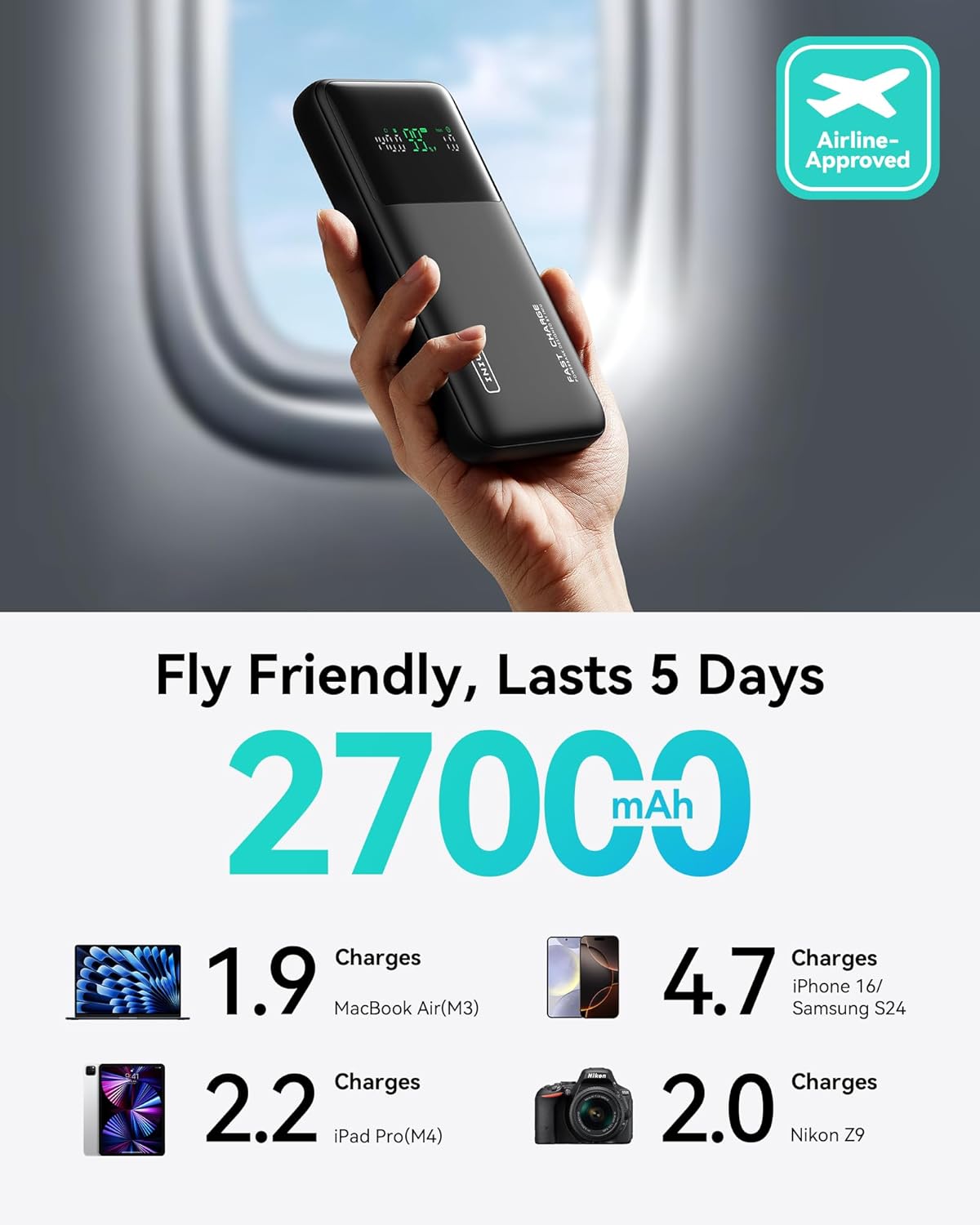 INIU 140W Power Bank, 27000mAh High Capacity Laptop Portable Charger, USB C in&Out Tablet Powerbank, Digital Display Phone Charger, Travel Charger Compatible with iPhone 16, iPad, MacBook, Laptop etc.