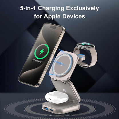 5-in-1 Wireless Charger for MagSafe, AC ISLAND Portable Travel Charging Station, 15W Max Fast Foldable Magnetic Stand, Evolved for iPhone 17/16/15/14/13 Series, Apple Watch, AirPods (with 35W Adapter)
