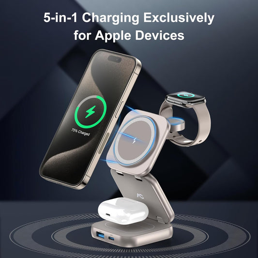 5-in-1 Wireless Charger for MagSafe, AC ISLAND Portable Travel Charging Station, 15W Max Fast Foldable Magnetic Stand, Evolved for iPhone 17/16/15/14/13 Series, Apple Watch, AirPods (with 35W Adapter)