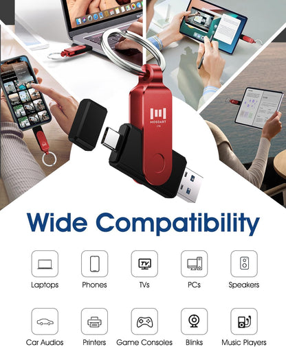 MOSDART 1TB USB3.1 Fast Speed C and A Dual Flash Drive, exFAT Memory Stick with Keychain and LED Indicator, for iPhone 15 and 16, Android Phone, iPad, MacBook, and Other Laptops, Red