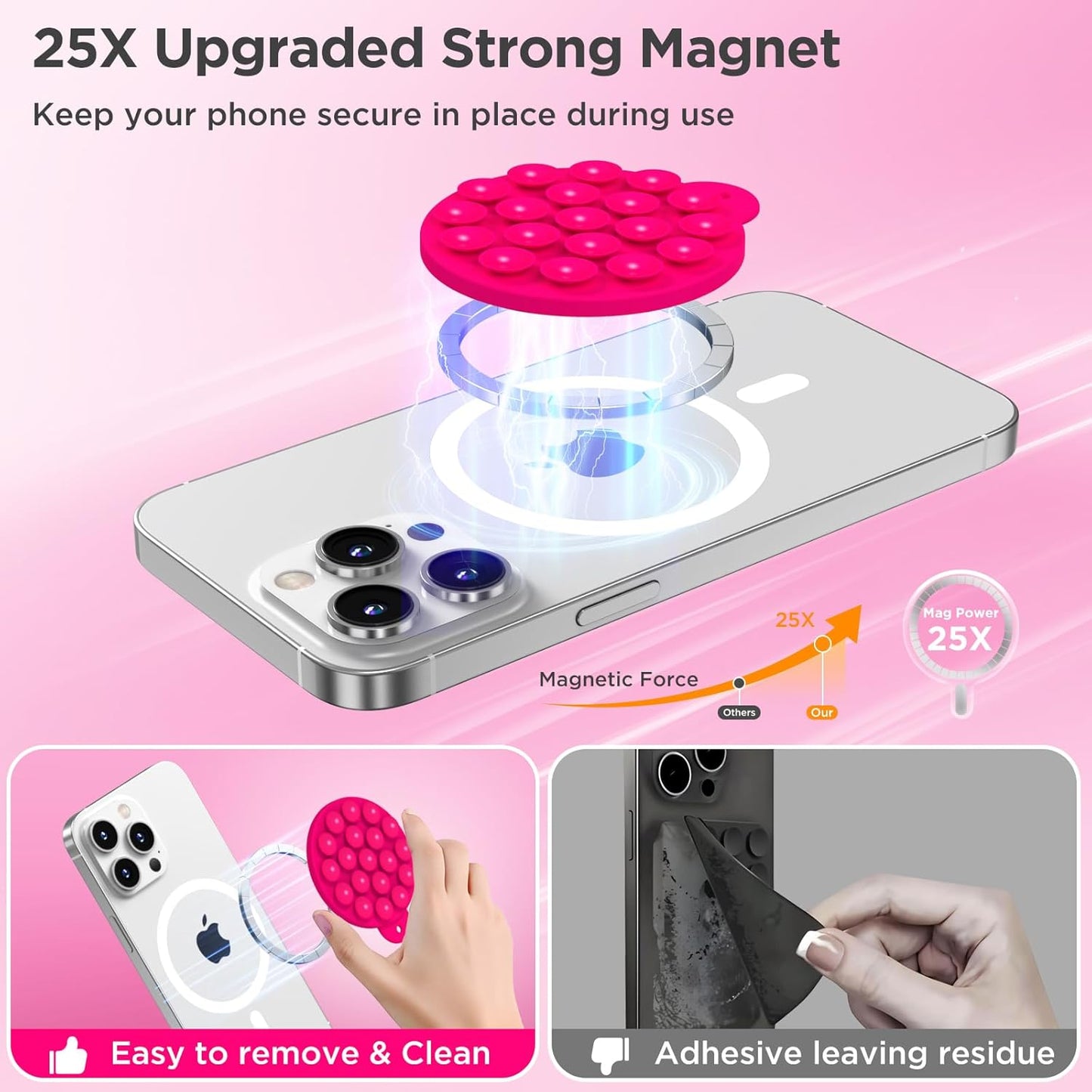 Magnetic Suction Cup Phone Mount for MagSafe Case, Silicone Hands-Free Grip Holder for iPhone and Android, Mirror Shower Phone Stand for Makeup FaceTime Gym Kitchen Bathroom, Neon Pink
