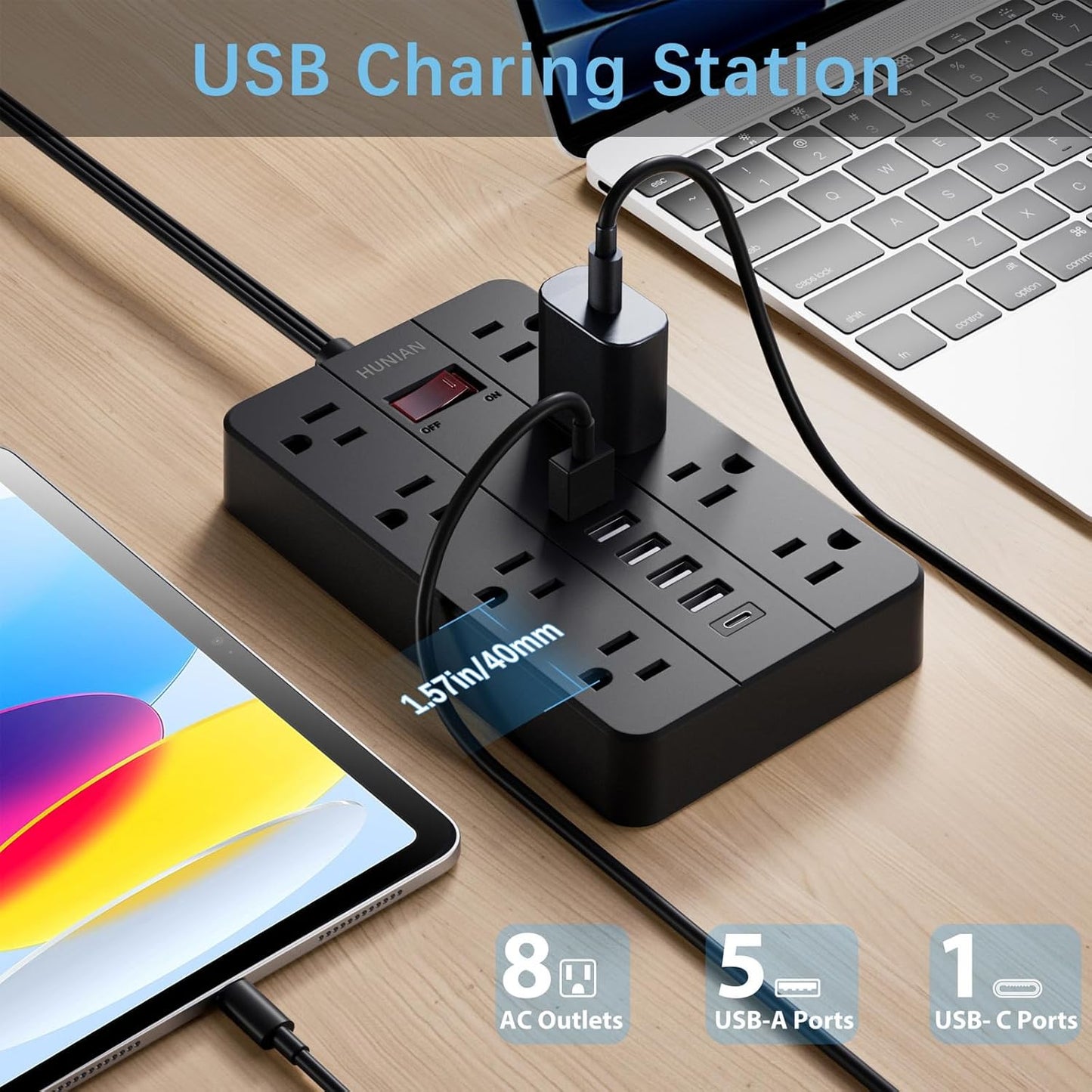 Power Strip with USB Ports, HUNIAN 5 Ft Extension Cord Flat Plug with 8 Outlets, 6 USB Charger(1 USB C Port), Indoor Desk Charging Station Surge Protector for Home and Office Accessories, Black